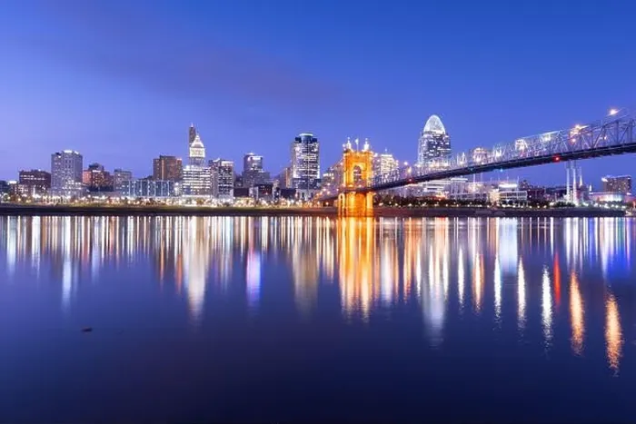 Framed Print : Cincinnati, Ohio, USA downtown skyline and bridge on the river at dusk Framed Print : Cincinnati, Ohio, USA downtown skyline and bridge on the river at dusk