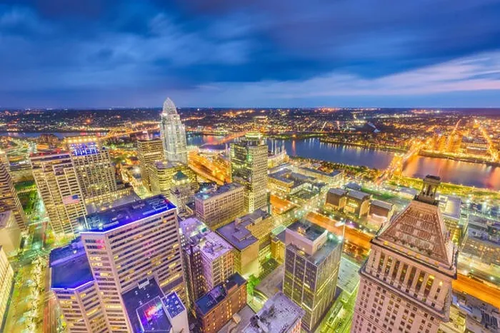 Framed Print : Cincinnati, Ohio, USA skyline from above at dusk Framed Print : Cincinnati, Ohio, USA skyline from above at dusk