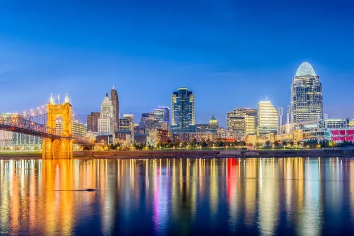 Framed Print : Cincinnati, Ohio, USA skyline on the river at dusk Framed Print : Cincinnati, Ohio, USA skyline on the river at dusk