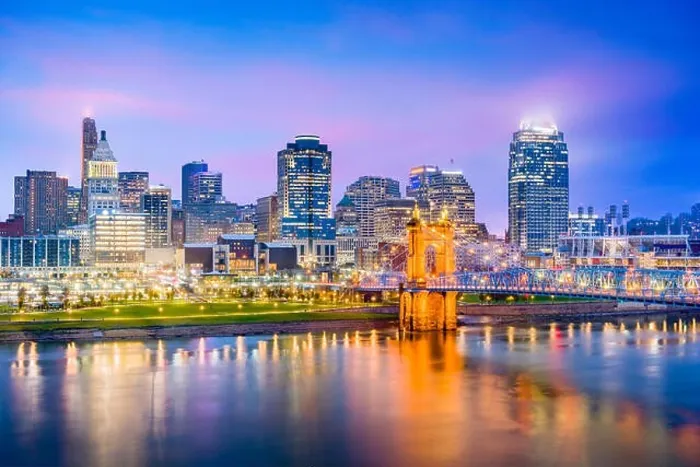 Framed Print : Cincinnati, Ohio, USA skyline on the river at dusk Framed Print : Cincinnati, Ohio, USA skyline on the river at dusk