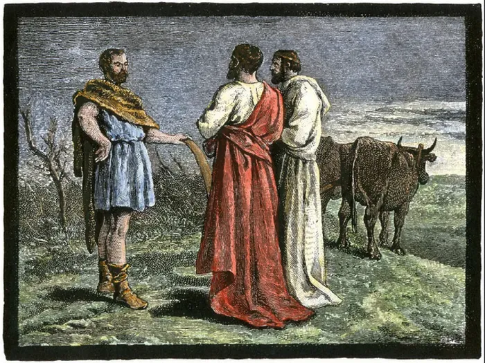 Framed Print : Cincinnatus on his farm accepting dictatorship of Rome from the Senate 458 BC. Hand-colored woodcut Framed Print : Cincinnatus on his farm accepting dictatorship of Rome from the Senate 458 BC. Hand-colored woodcut