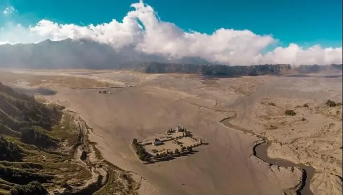 Framed Print : Cinematic shot aerial view of Pura Luhur Poten hindu temple near Mount Bromo volcano in East Java Framed Print : Cinematic shot aerial view of Pura Luhur Poten hindu temple near Mount Bromo volcano in East Java