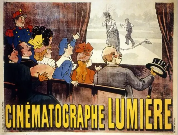 Framed Print : Cinematographe Lumière The poster advertising the Lumière brothers cinematographe showing the famous comedy L'Arroseur