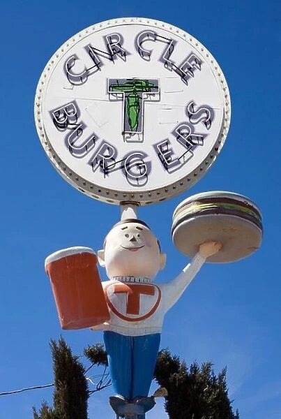 Circle T Burgers Sign and Boy outside a drive-in in Belen New Mexico