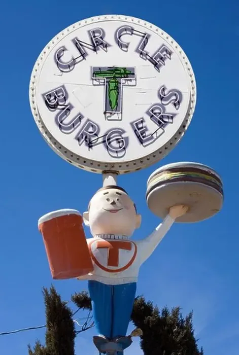 Framed Print : Circle T Burgers Sign and Boy outside a drive-in in Belen New Mexico Framed Print : Circle T Burgers Sign and Boy outside a drive-in in Belen New Mexico
