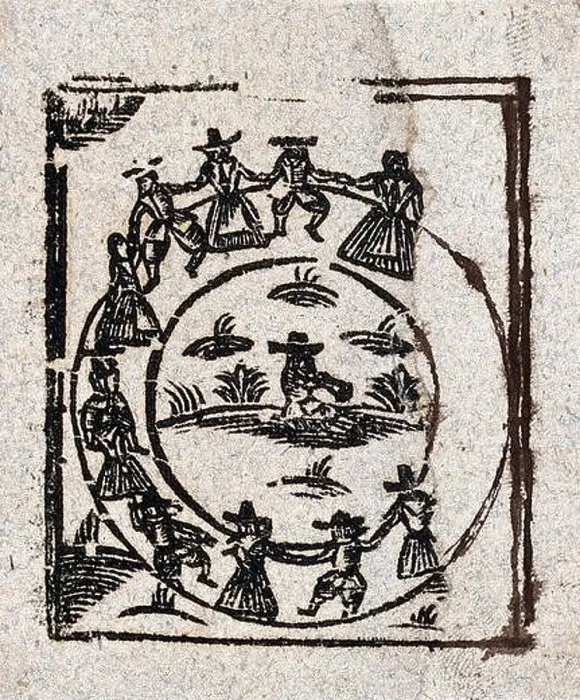 Framed Print : A circle of witches dance around a central figure. Woodcut, ca. 1700-1720 Framed Print : A circle of witches dance around a central figure. Woodcut, ca. 1700-1720