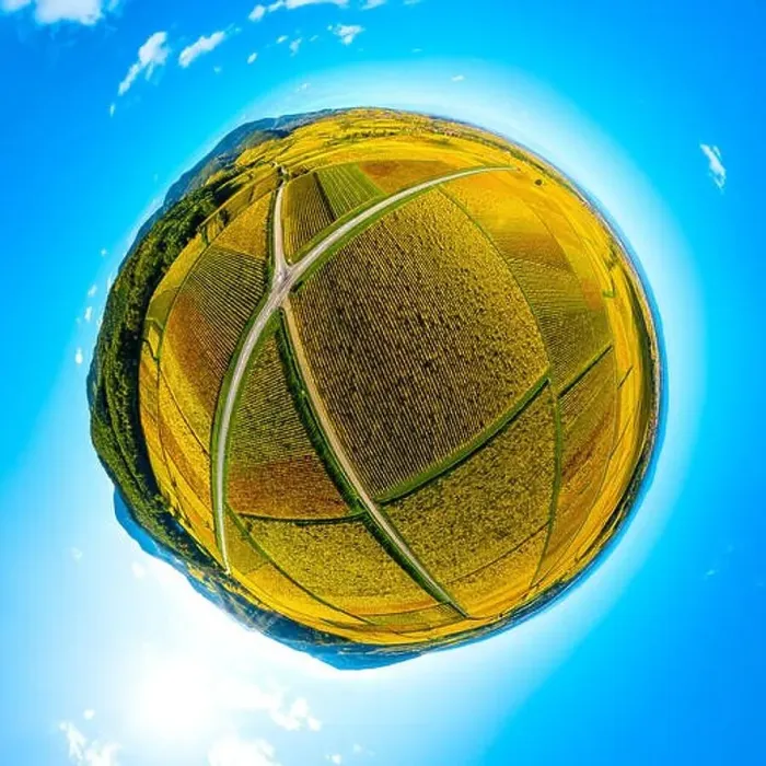 Framed Print : A circular spherical panorama of autumn vineyards in Alsace. Projection. Blue sky and bright yellow ball. France Framed Print : A circular spherical panorama of autumn vineyards in Alsace. Projection. Blue sky and bright yellow ball. France