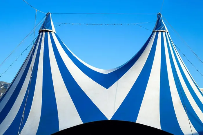 Framed Print : Circus tent stripped blue and white over clear sky Framed Print : Circus tent stripped blue and white over clear sky