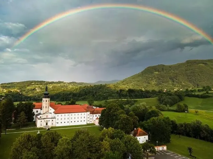 Framed Print : Cistercian Monastery Kostanjevica na Krki, Castle Kostanjevica, Slovenia with Rainbow after Storm Framed Print : Cistercian Monastery Kostanjevica na Krki, Castle Kostanjevica, Slovenia with Rainbow after Storm