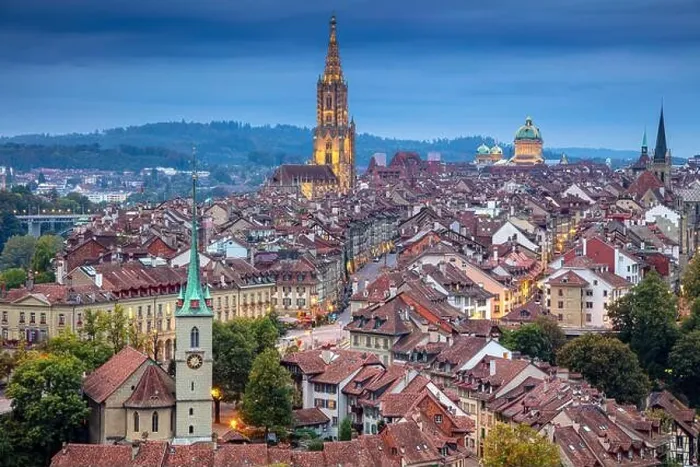 Framed Print : City of Bern. Aerial cityscape image of the capital city of Bern, Switzerland at twilight blue hour Framed Print : City of Bern. Aerial cityscape image of the capital city of Bern, Switzerland at twilight blue hour