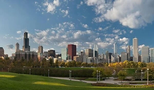 City of Chicago. Image of Chicago downtown skyline and park at sunset