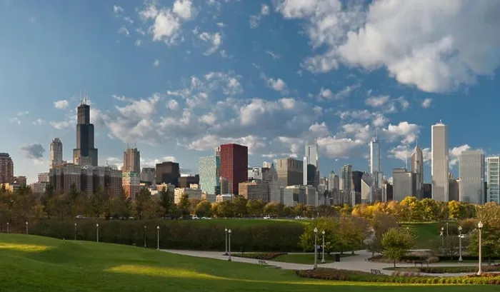 Framed Print : City of Chicago. Image of Chicago downtown skyline and park at sunset Framed Print : City of Chicago. Image of Chicago downtown skyline and park at sunset