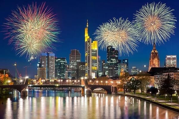 City of Frankfurt am Main skyline at night with firework New year celebration, Frankfurt, Germany