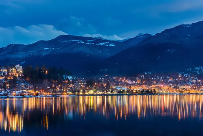 Framed Print : City Lights reflect into Kootenay Lake in Nelson, British Columbia, Canada Framed Print : City Lights reflect into Kootenay Lake in Nelson, British Columbia, Canada
