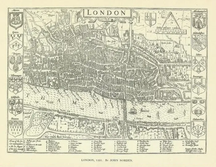Framed Print : City of London in 1593 after John Norden. Southwark 1908 old antique map chart Framed Print : City of London in 1593 after John Norden. Southwark 1908 old antique map chart