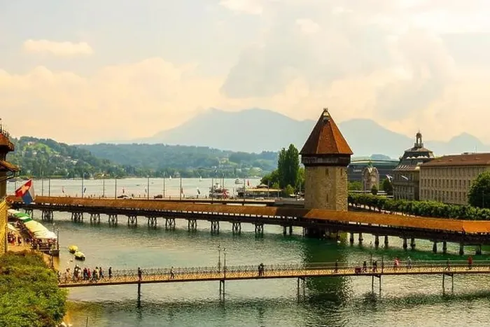 Framed Print : City of Lucerne with Bridge Tower in a Sunny Day in Switzerland Framed Print : City of Lucerne with Bridge Tower in a Sunny Day in Switzerland