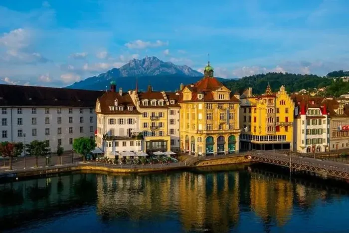 Framed Print : City of Lucerne with River and Building and Mountain Pilatus in a Sunny Day in Switzerland