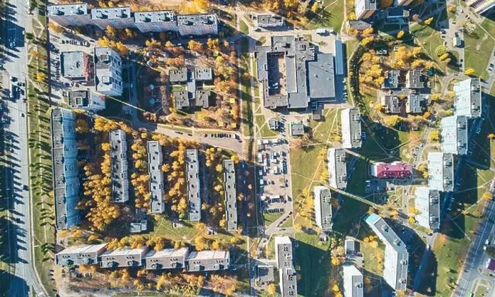 Framed Print : City neighborhood district in autumn aerial drone above top view Framed Print : City neighborhood district in autumn aerial drone above top view