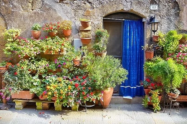 City street decorated with flowers, Pitigliano, Tuscany, Italy