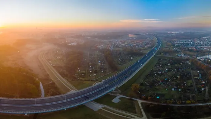 Framed Print : Cityscape with highway and stadion in Wroclaw during sunrise Framed Print : Cityscape with highway and stadion in Wroclaw during sunrise