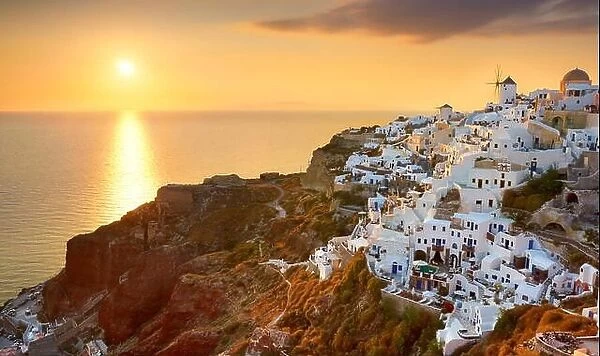 Cityscape view at the sunset in Oia Town, Santorini Island, Greece