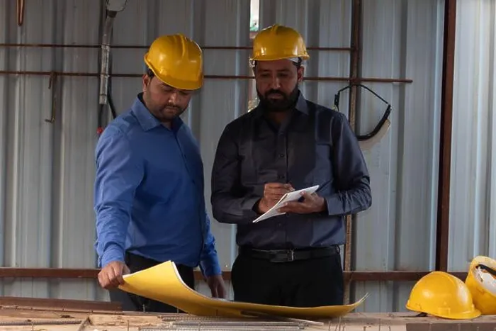 Framed Print : Civil engineer holding a blueprint while colleague is taking notes into notepad Framed Print : Civil engineer holding a blueprint while colleague is taking notes into notepad