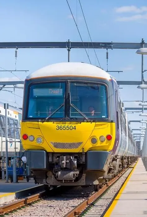 Framed Print : Class 365 Networker Express train in Great Northern livery in a railway depot in the UK Framed Print : Class 365 Networker Express train in Great Northern livery in a railway depot in the UK