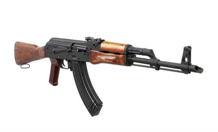 Framed Print : Classic Soviet-style assault rifle with wooden stock and black magazine on white background Framed Print : Classic Soviet-style assault rifle with wooden stock and black magazine on white background