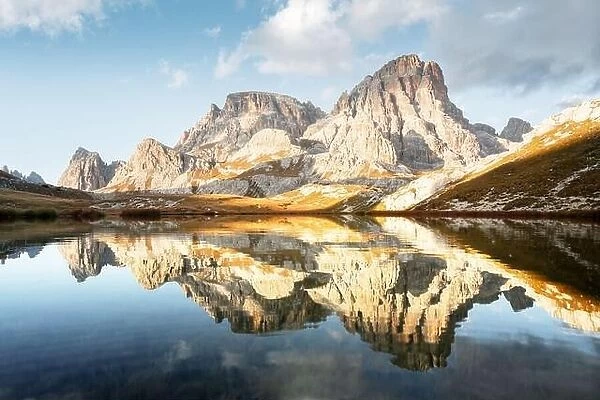 Clear water of alpine lake Piani in the Tre Cime Di Laveredo National Park, Dolomites, Italy