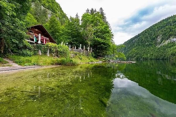 Clear water in a forest lake with pine trees, summer mountain pass. Green mountain lake view, freshness and tranquility