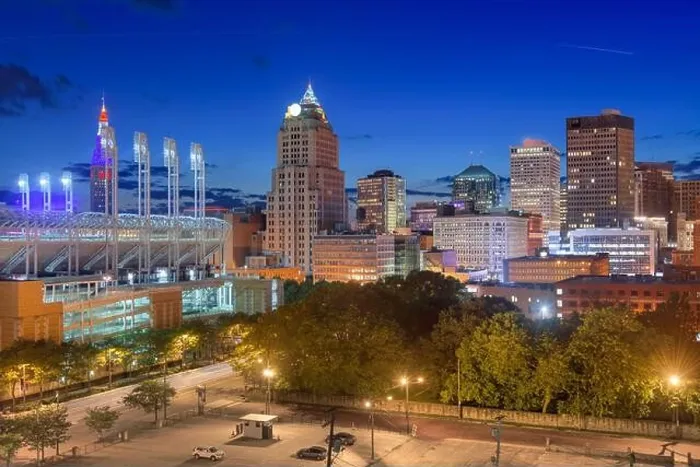 Framed Print : Cleveland, Ohio, USA downtown city skyline in evening Framed Print : Cleveland, Ohio, USA downtown city skyline in evening