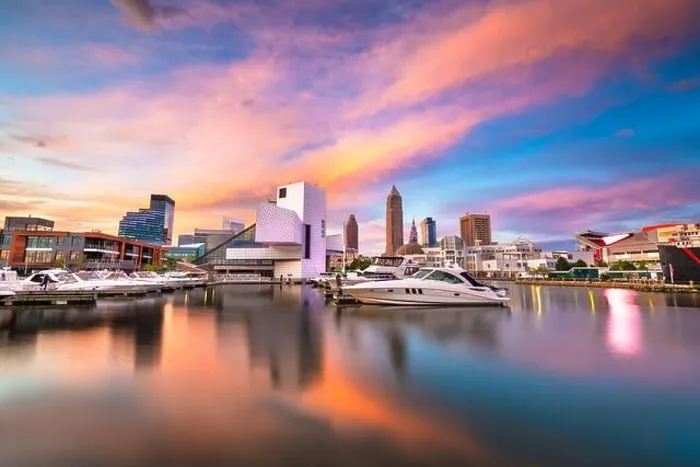 Framed Print : Cleveland, Ohio, USA downtown city skyline and harbor at twilight Framed Print : Cleveland, Ohio, USA downtown city skyline and harbor at twilight
