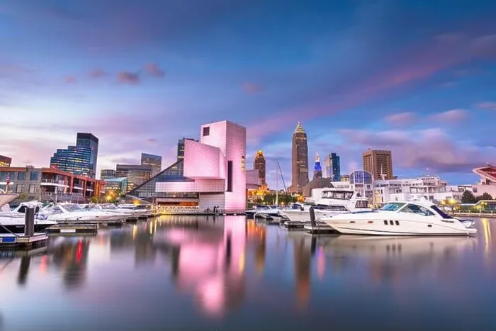 Framed Print : Cleveland, Ohio, USA downtown city skyline and harbor at twilight Framed Print : Cleveland, Ohio, USA downtown city skyline and harbor at twilight