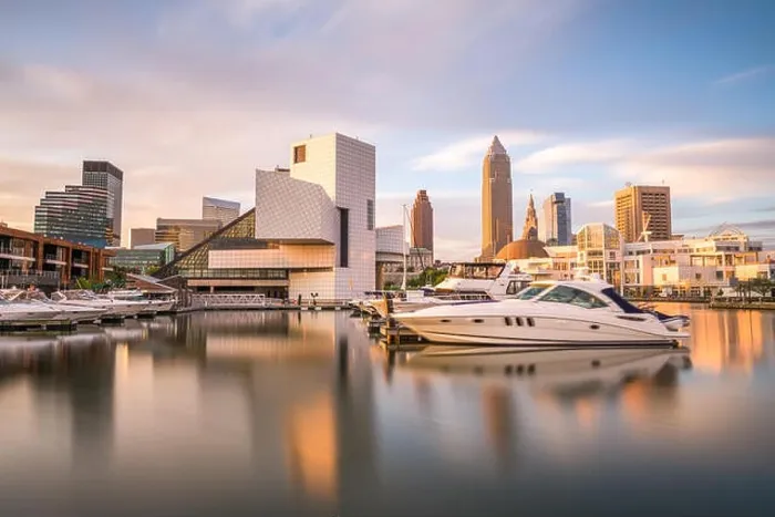 Framed Print : Cleveland, Ohio, USA downtown city skyline and harbor at twilight Framed Print : Cleveland, Ohio, USA downtown city skyline and harbor at twilight