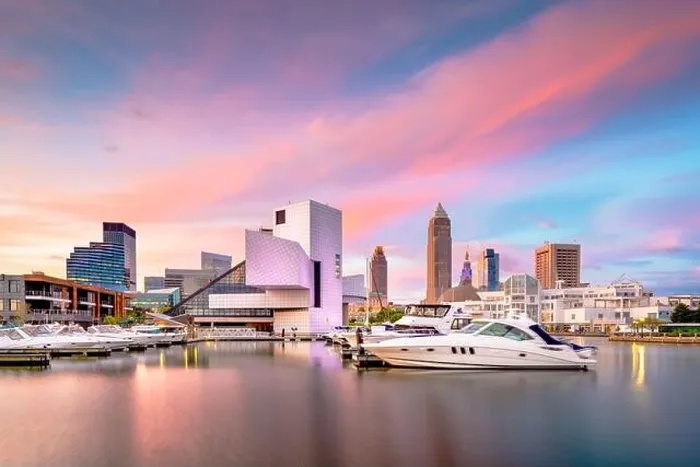 Framed Print : Cleveland, Ohio, USA downtown city skyline and harbor at twilight Framed Print : Cleveland, Ohio, USA downtown city skyline and harbor at twilight