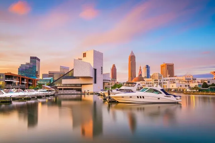 Framed Print : Cleveland, Ohio, USA downtown city skyline and harbor at twilight Framed Print : Cleveland, Ohio, USA downtown city skyline and harbor at twilight