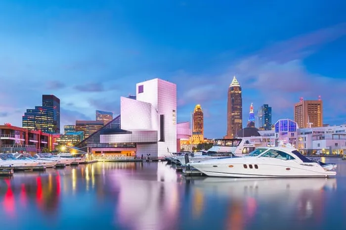 Framed Print : Cleveland, Ohio, USA downtown city skyline and harbor at twilight Framed Print : Cleveland, Ohio, USA downtown city skyline and harbor at twilight