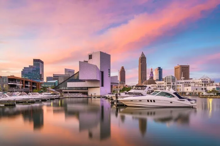Framed Print : Cleveland, Ohio, USA downtown city skyline and harbor at twilight Framed Print : Cleveland, Ohio, USA downtown city skyline and harbor at twilight