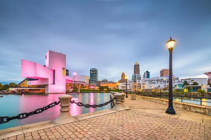 Framed Print : Cleveland, Ohio, USA downtown city skyline and harbor at twilight Framed Print : Cleveland, Ohio, USA downtown city skyline and harbor at twilight