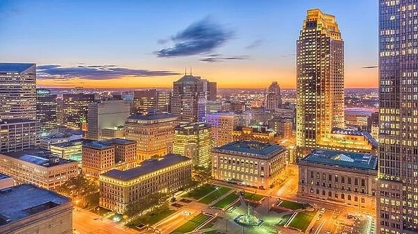 Cleveland, Ohio, USA downtown cityscape at dawn