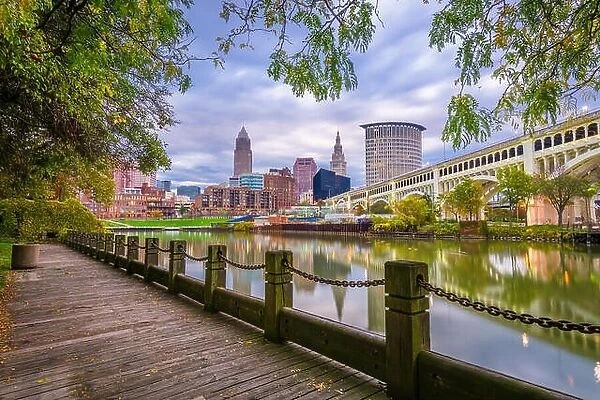 Cleveland, Ohio, USA downtown skyline on the Cuyahoga River at dusk