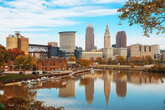 Framed Print : Cleveland, Ohio, USA skyline on the Cuyahoga River in autumn Framed Print : Cleveland, Ohio, USA skyline on the Cuyahoga River in autumn