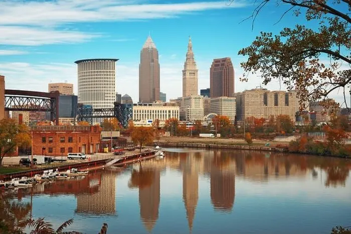 Framed Print : Cleveland, Ohio, USA skyline on the Cuyahoga River in autumn Framed Print : Cleveland, Ohio, USA skyline on the Cuyahoga River in autumn