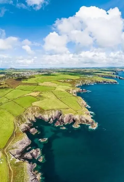 Framed Print : Cliffs and Fields over Porthclais from a drone, St Davids, Haverfordwest, Wales, England, Europe Framed Print : Cliffs and Fields over Porthclais from a drone, St Davids, Haverfordwest, Wales, England, Europe
