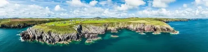 Framed Print : Cliffs and Fields over Porthclais from a drone, St Davids, Haverfordwest, Wales, England, Europe Framed Print : Cliffs and Fields over Porthclais from a drone, St Davids, Haverfordwest, Wales, England, Europe
