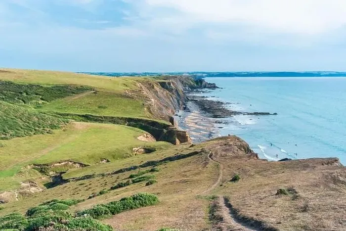 Framed Print : Cliffs on the Sandymouth Bay Beach from a drone, National Trust, Bude, Cornwall, England, Europe Framed Print : Cliffs on the Sandymouth Bay Beach from a drone, National Trust, Bude, Cornwall, England, Europe