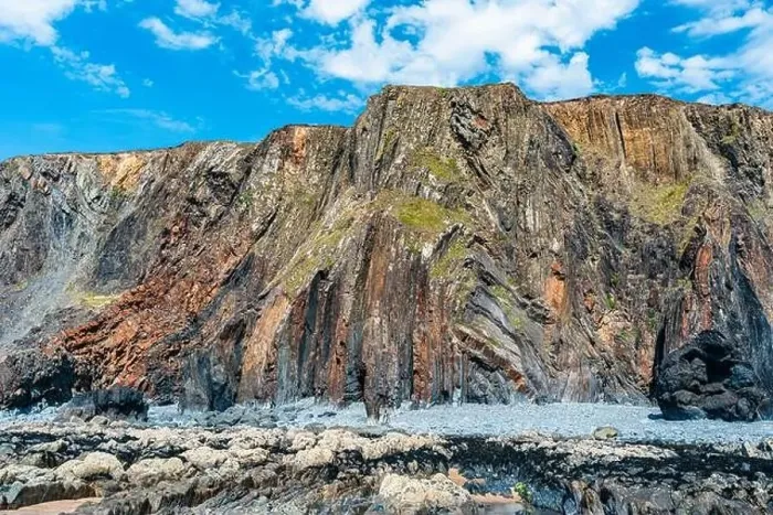 Framed Print : Cliffs on the Sandymouth Bay Beach from a drone, National Trust, Bude, Cornwall, England, Europe Framed Print : Cliffs on the Sandymouth Bay Beach from a drone, National Trust, Bude, Cornwall, England, Europe