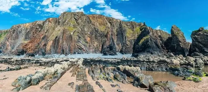 Framed Print : Cliffs on the Sandymouth Bay Beach from a drone, National Trust, Bude, Cornwall, England, Europe Framed Print : Cliffs on the Sandymouth Bay Beach from a drone, National Trust, Bude, Cornwall, England, Europe