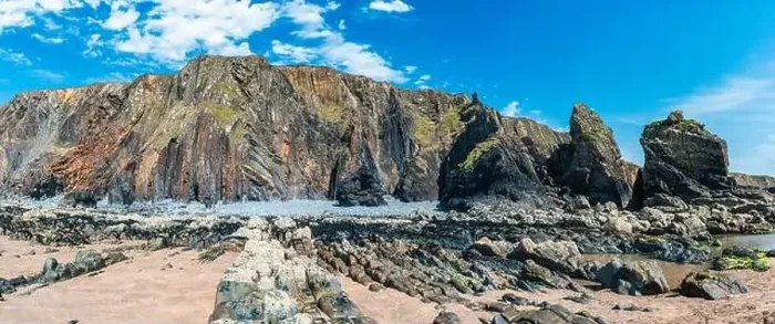 Framed Print : Cliffs on the Sandymouth Bay Beach from a drone, National Trust, Bude, Cornwall, England, Europe Framed Print : Cliffs on the Sandymouth Bay Beach from a drone, National Trust, Bude, Cornwall, England, Europe
