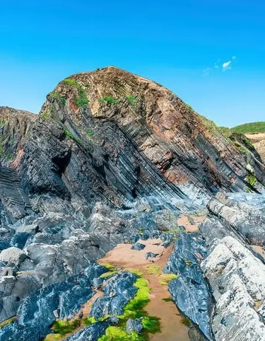 Framed Print : Cliffs on the Sandymouth Bay Beach from a drone, National Trust, Bude, Cornwall, England, Europe